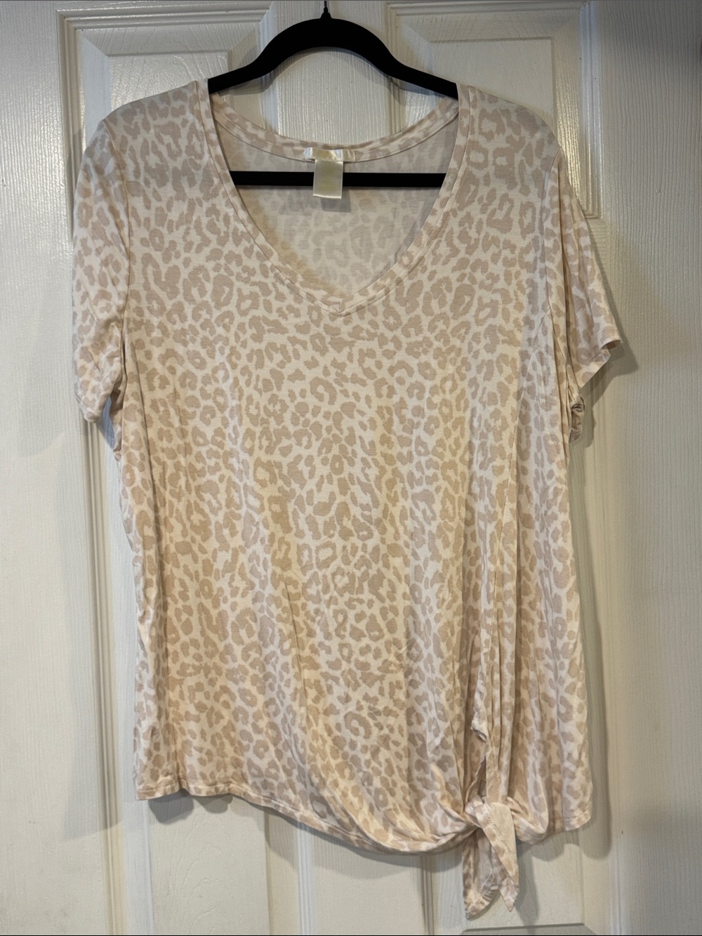 Matty M Beige & Cream Leopard V-Neck Short Sleeve Top with Side Knot